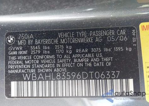 2006 BMW 750I z USA, uszkodzony, nr VIN WBAHL83596DT06337